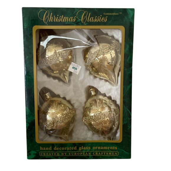 Vtg Commodore Christmas Classics Glass Ornaments Gold Hand Decorated in Romania - Picture 1 of 8